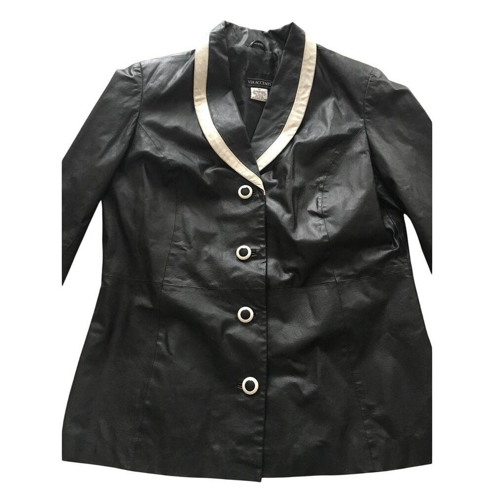 Black Leather Coat Via Accenti Vintage Size 6A White Trim Stylized Buttons